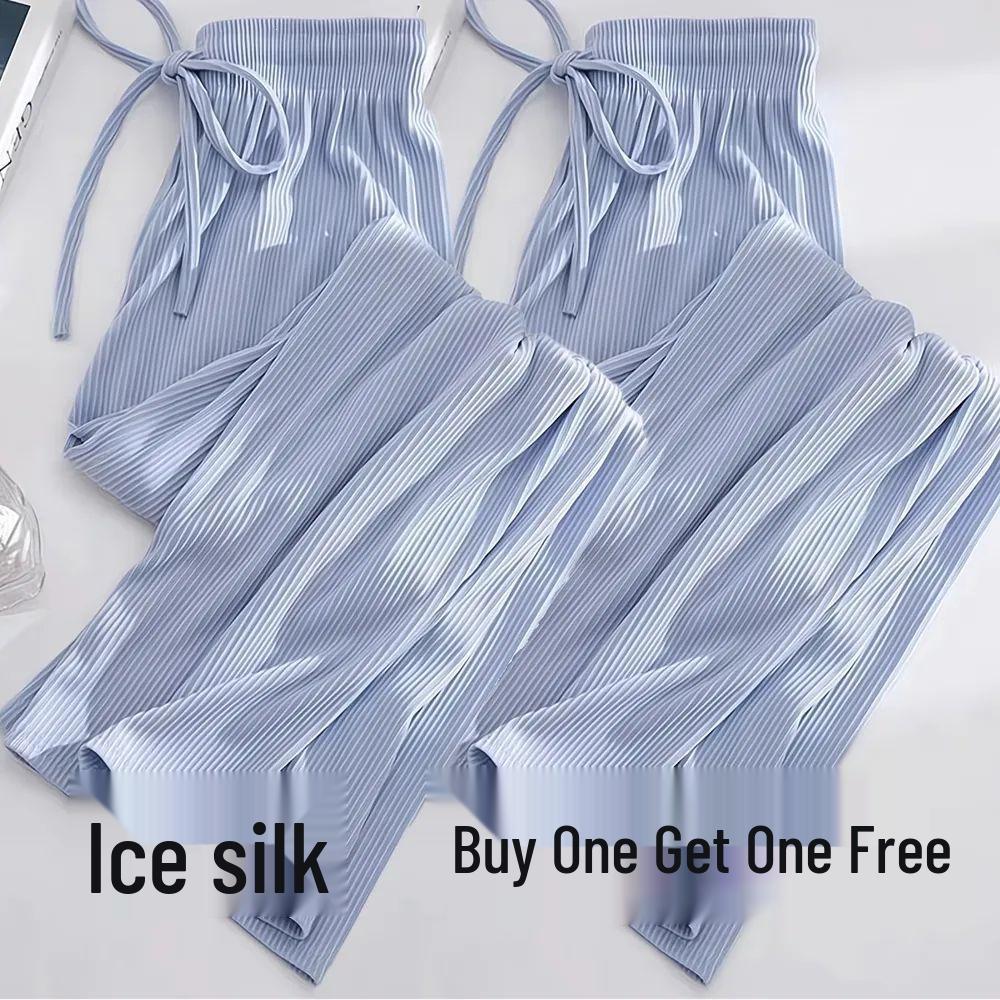 Women's Summer Ice Silk Wide-Leg Pants: One or Two-Piece Set, Korean Style, High Waist, Slimming, Floor-Length.