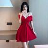 Summer  New Niche Temperament Sexy Cross-strap Short-sleeved Big Pendulum Slim-fitting and Thin Dress