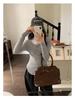 Korean Style Grey Round Neck Knit Cardigan for Women - Autumn/Winter Slimming Long Sleeve Top