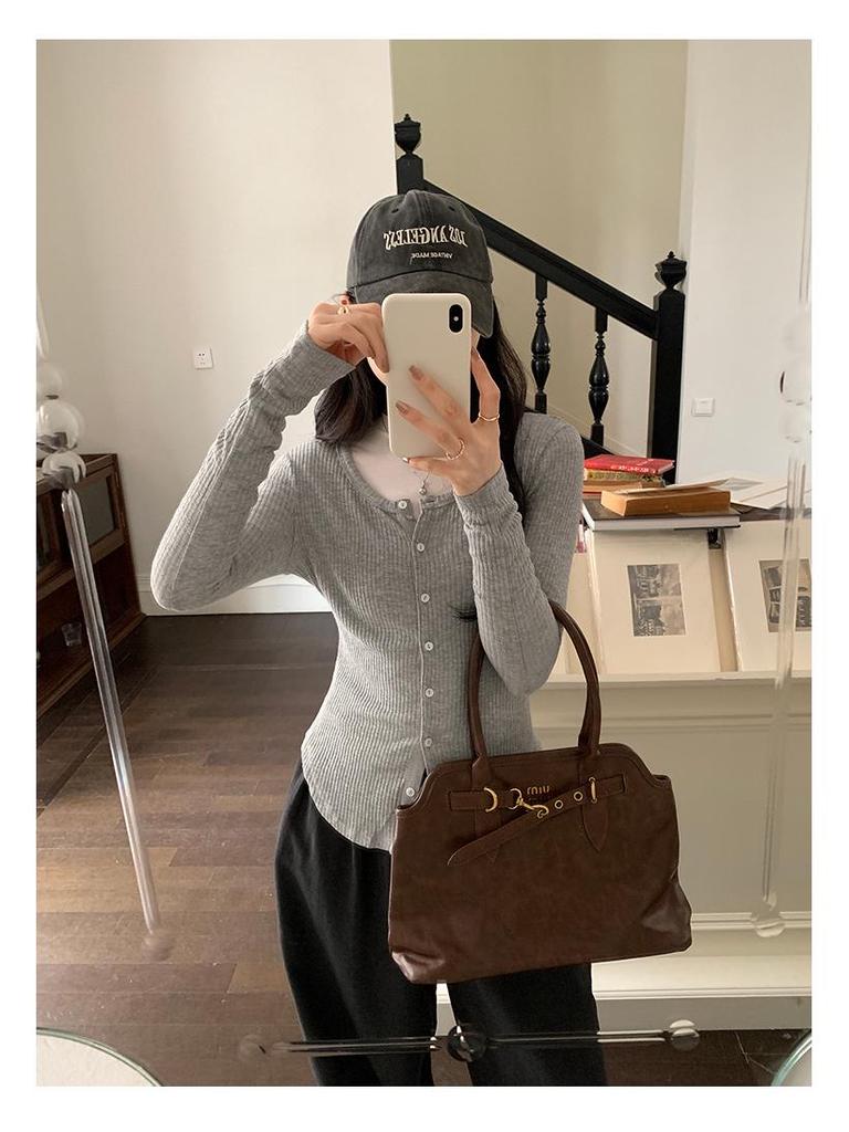 Korean Style Grey Round Neck Knit Cardigan for Women - Autumn/Winter Slimming Long Sleeve Top