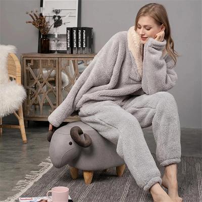 Yeni pijama setleri kadın düz uzun kollu kış kadın kabarık pijama takım elbise pantolon ile kalın sıcak polar ev giysileri kadın