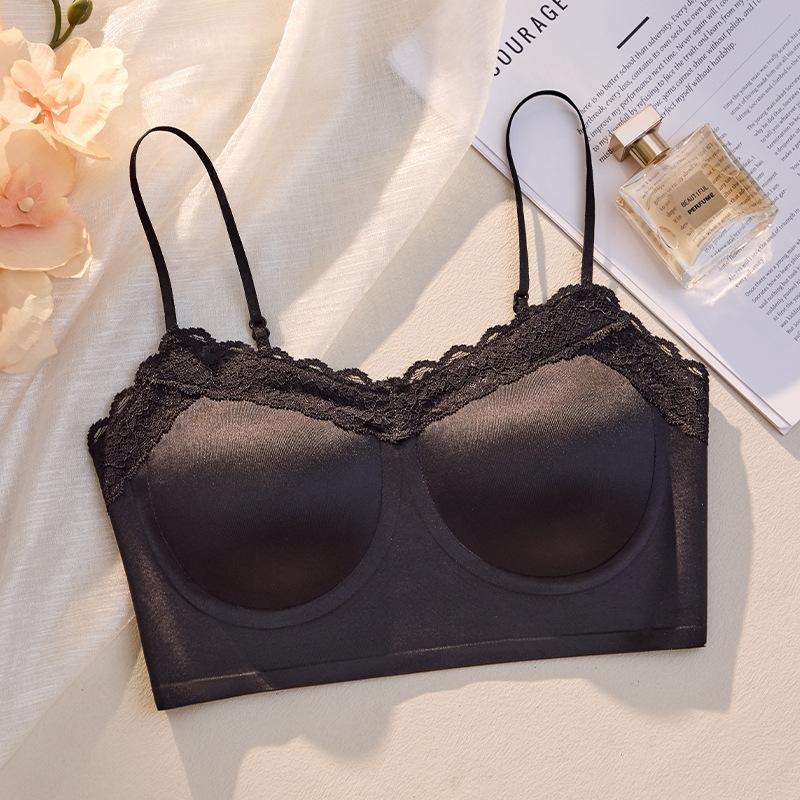 Seamless Satin Back Lingerie Women's Gathering French Style Bra Lace Suspender One-piece Fixed Cup Bra Thin Vest