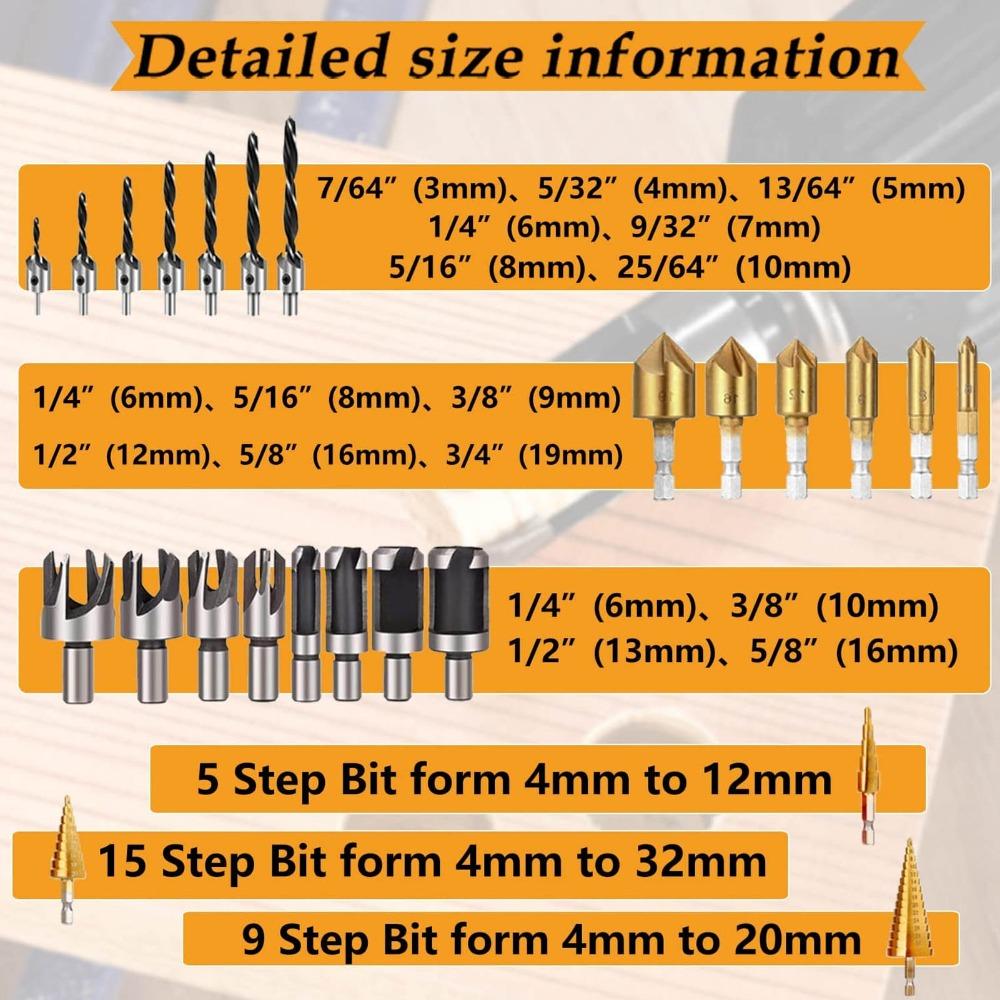26pcs 6-Piece Countersink Bit Chamfer Drill Bit Set Wood Plug Cutter Set  Woodworking Projects