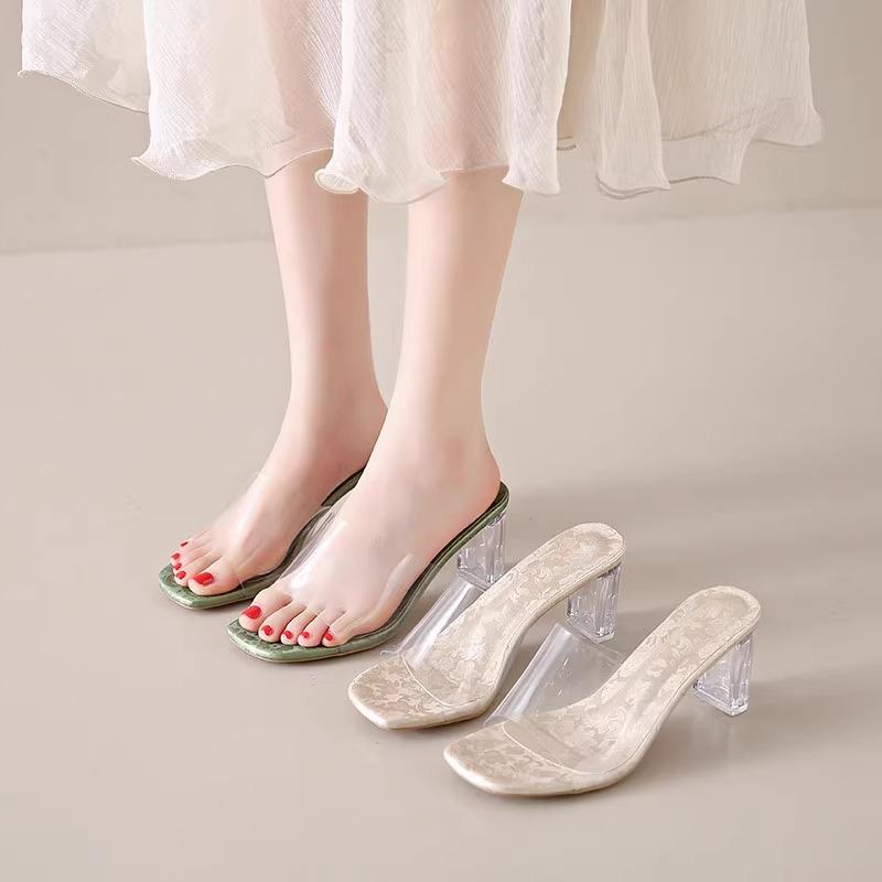 Fashion Explosive Crystal Heel Cool Mopping Summer New Square Toe Versatile Outward Wear Transparent One-band Block Heel Sandals