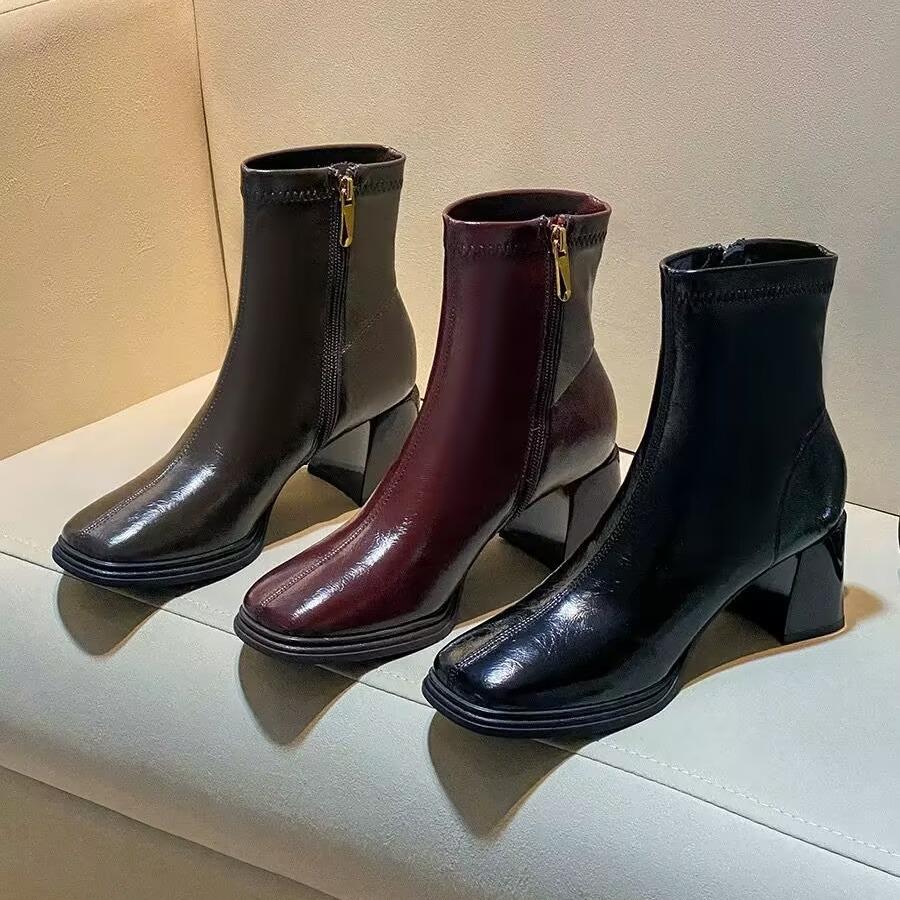Foreign trade French square head thick heel short boots 2024 new retro fashion thin boots short small single boots