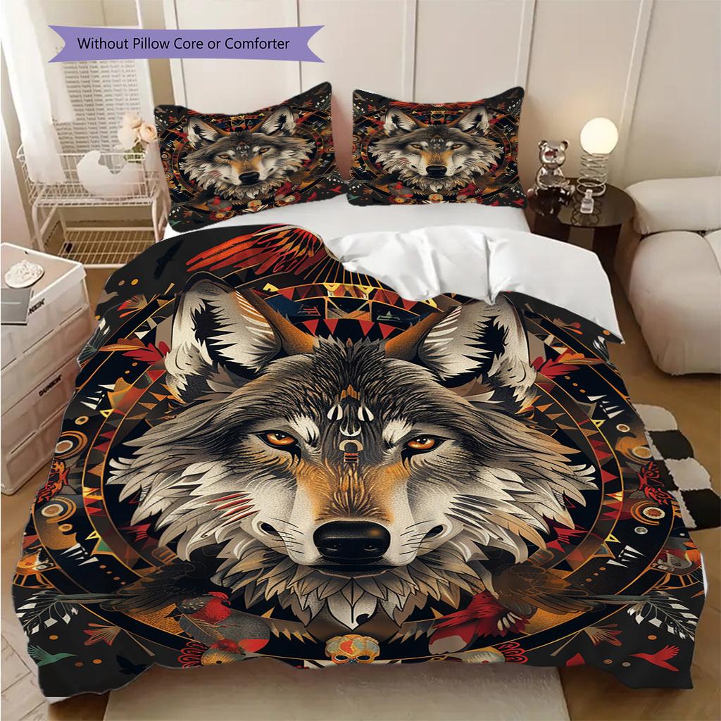 Primitive Wolf Pattern Bedding Quilt Set Quilt Cover Pillowcase Home Decoration Birthday Gift (1 * duvet cover + 2 * pillowcase, without core)