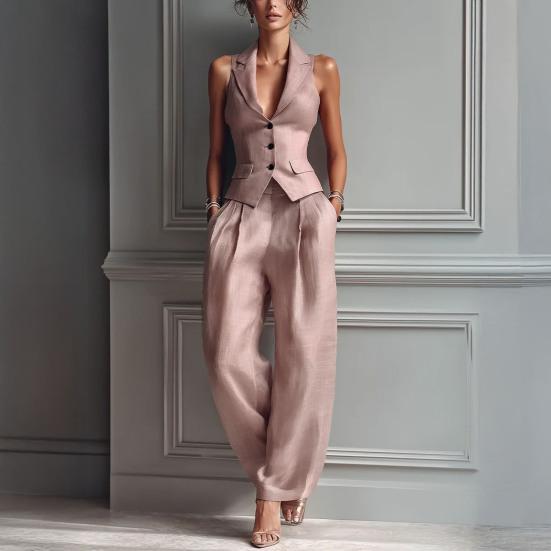 Damen Sommer 2-teilige Business Work Outfits, Ärmellose Hemdweste und Weite Hosen Passendes Set