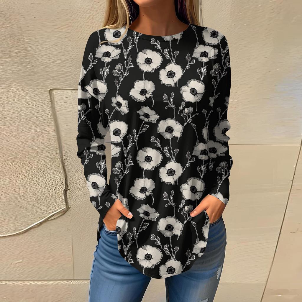 Women's  Loose Casual Flower Printed Round Neck Long Sleeved T Shirt Top Pullover Long Sleeved Sweatshirt