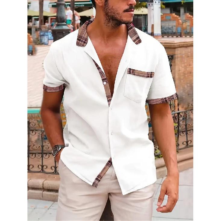 Summer Men s Casual Short-Sleeve Shirt Loose Fit Color-Block Top S