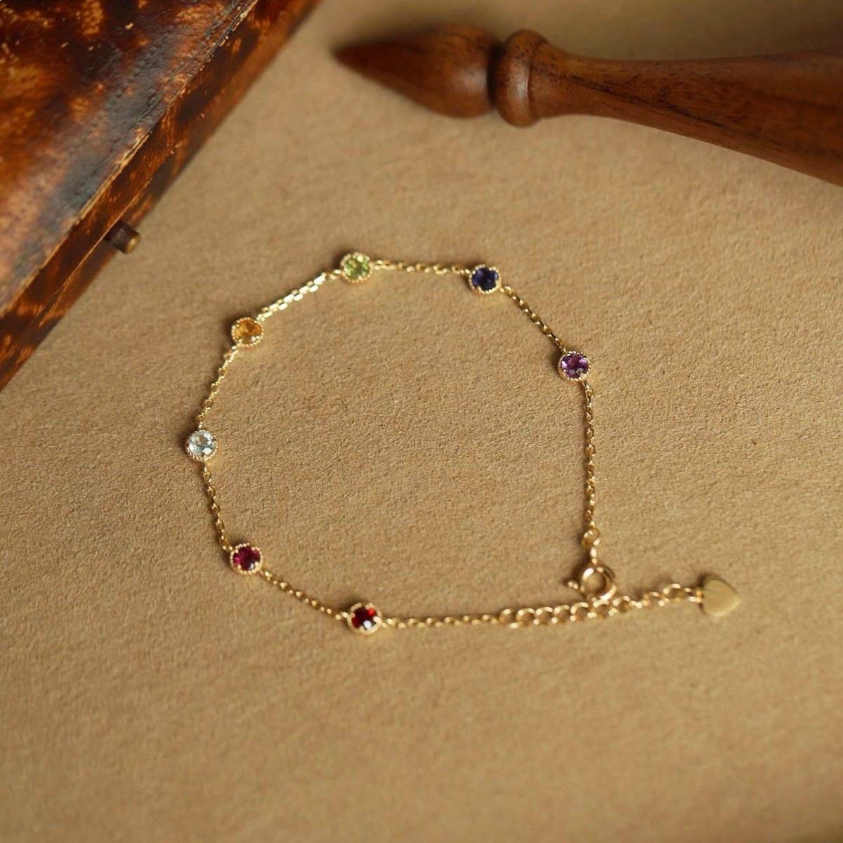Rainbow S925 Sterling Silver Bracelet with 18K Gold-Plated Cubic Zirconia Japanese Style Stackable Design 18K Gold