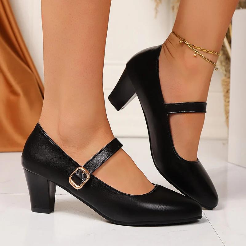 Fashion Women's Black White Mary Jane Pumps Buckle Strap Thick Med Heels Dress Shoes Woman Pu Leather Comfort Office Work Shoes Big Size