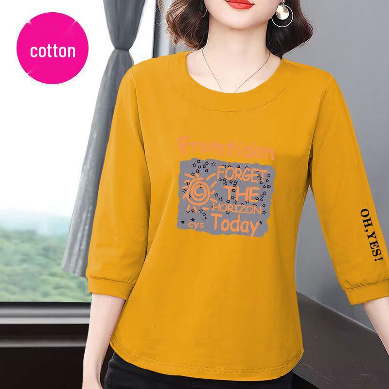 

Женская летняя приталенная хлопковая футболка с рукавами семь восьмых - корейский стиль, повседневный и универсальный топ, скрывающий живот L (for 100-110 jin)