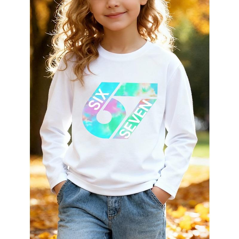 Kids Unisex White Crewneck Sweatshirt, Pastel Tie Dye 67 SIX SEVEN Graphic Long Sleeve Pullover, Soft Fleece Sweatshirts for Boys Girls Ages 4+