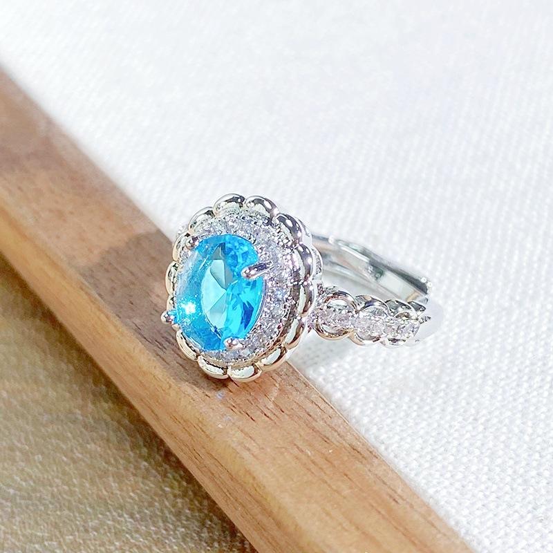 Light Luxury High-End Sea Blue Love Color Treasure Full Of Diamonds Zir*****Pen Ring Niche Exquisite Ring Woman