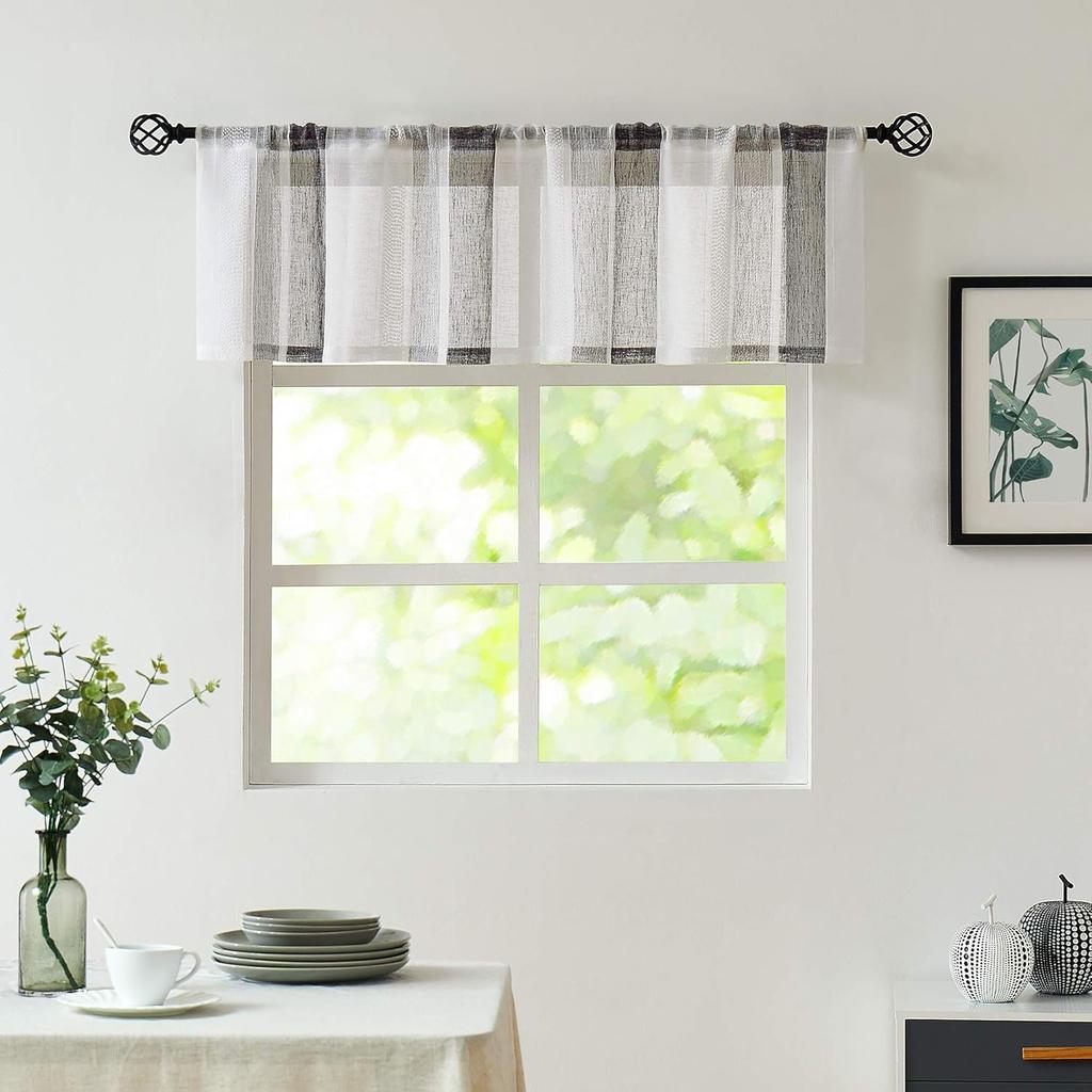 Central Park Black and White Kitchen Window Curtain Valance Vertical Stripe Sheer Boucle Linen Window Curtain, Living Room Decorative Rod Pocket (54"