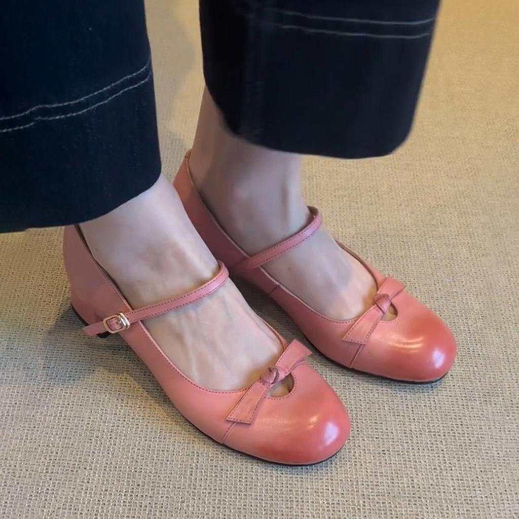 Sheepskin Gentle Temperament Bow Mary Jane Shoes Women's Word Shallow Mouth High Heels Leather Versatile Single Shoes