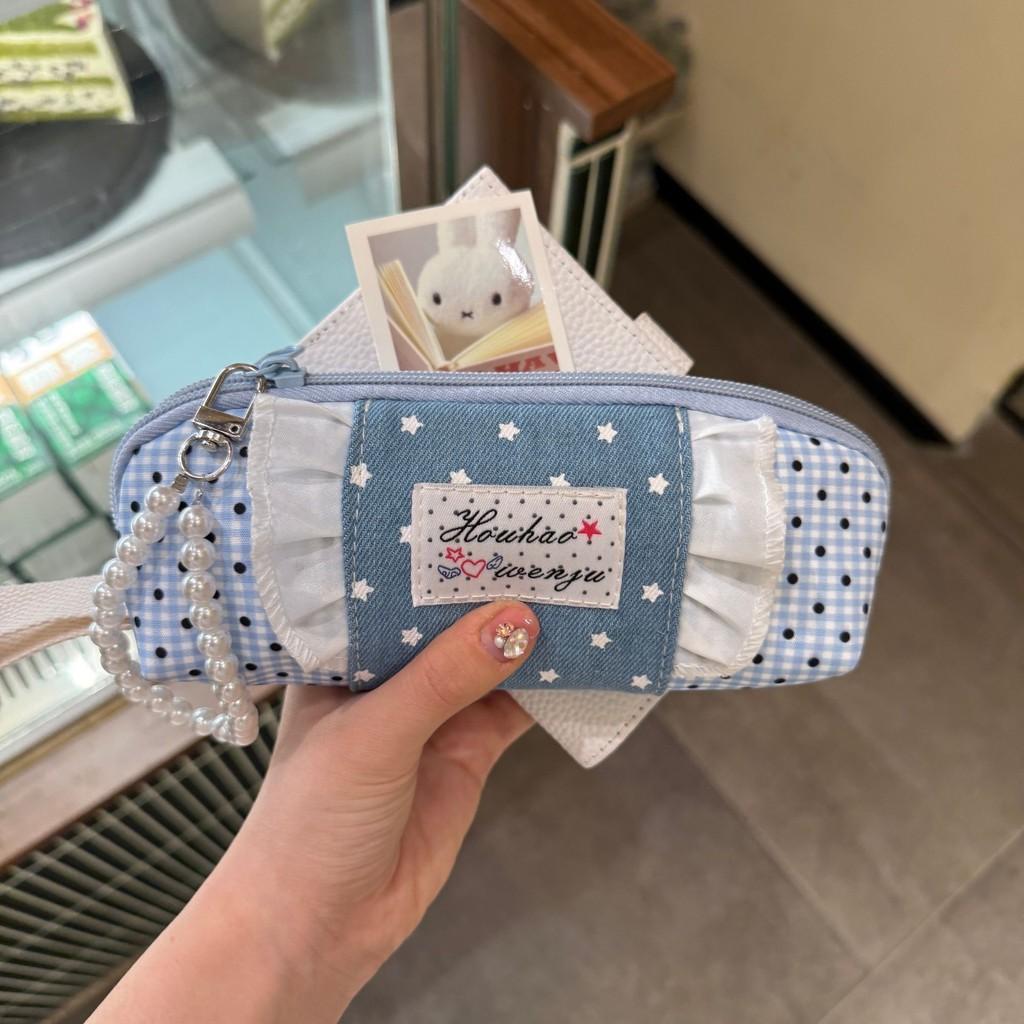 Style Blue And White Gingham Canvas Pencil Case For Students Storage Organizer