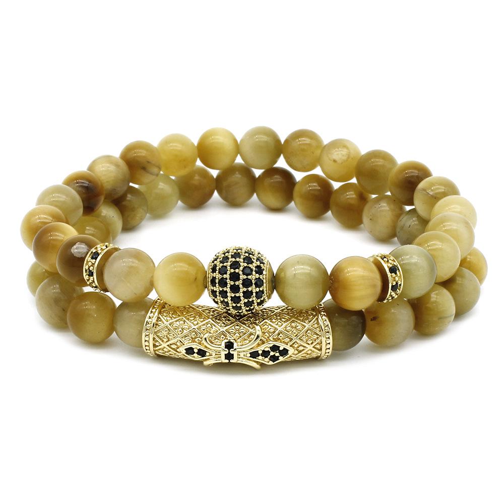 10mm Rhinestone Ball  Bent Tube Golden Tiger Eye Bracelet Set