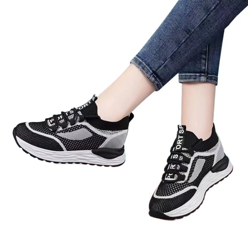 2024 Spring and Autumn Fashion Women's Shoes New Round Toe Color Blocked Low Heel Mesh Breathable Lace-up Women's Sports Shoes