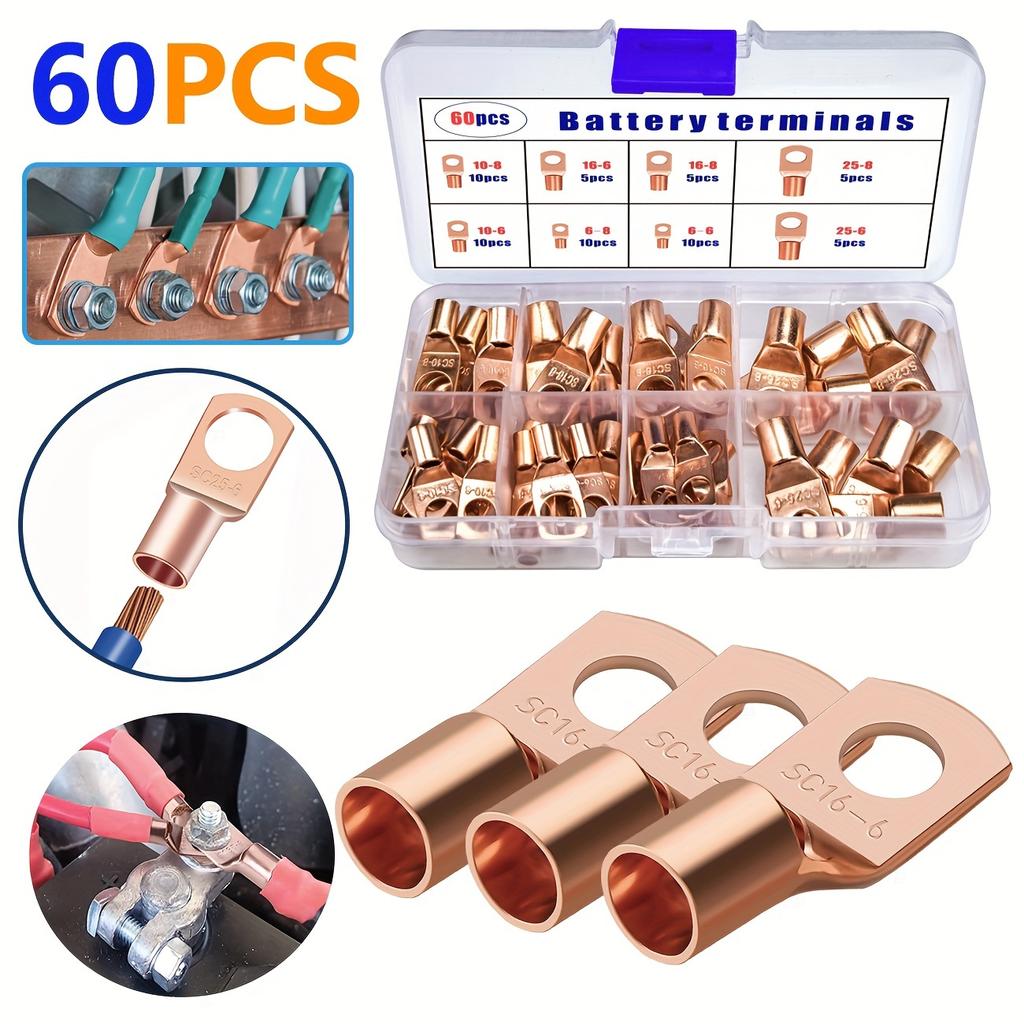 60pcs Car Plugs Copper Battery Cable Lugs Battery Wire Grommets Ring Terminal Connectors SC Terminals For Automotive Supplies