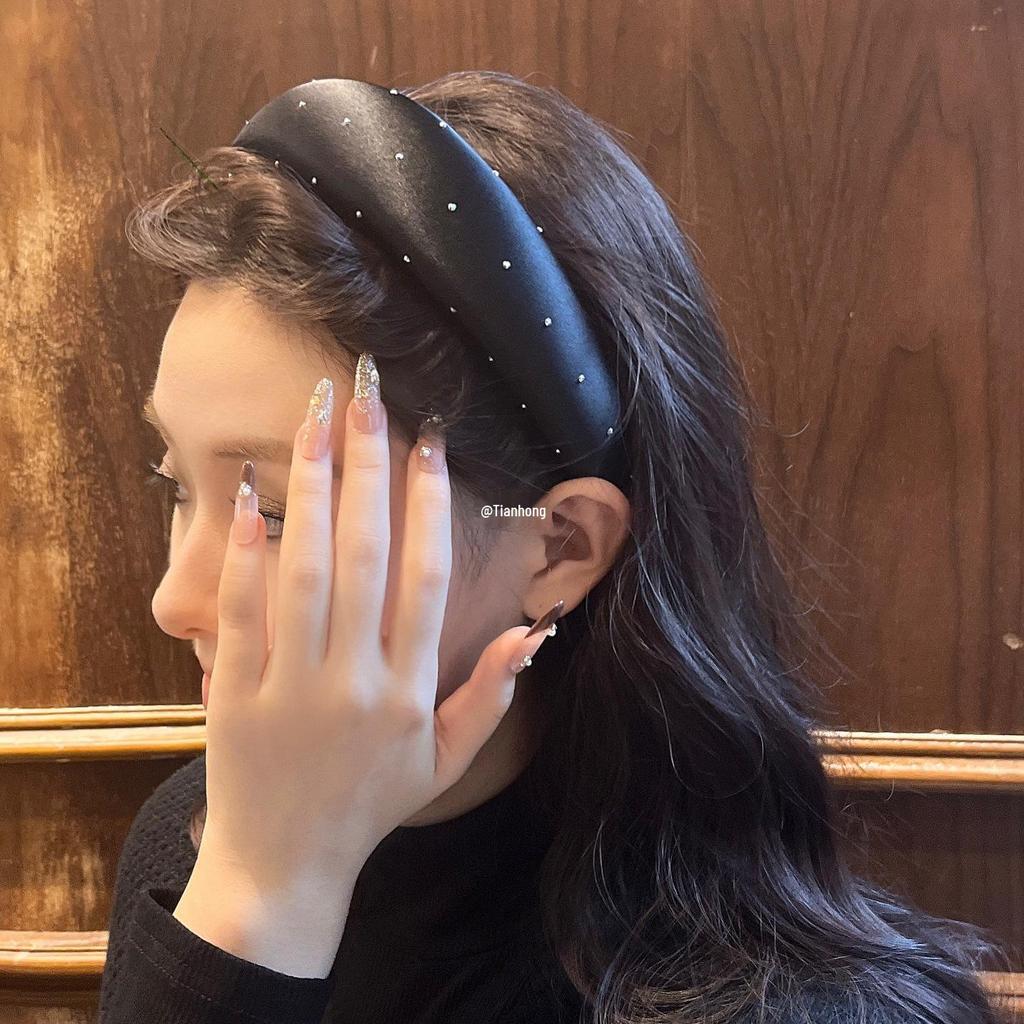 Korean Rhinestone Satin Headband: Elegant Solid Color Hair Accessory for Women