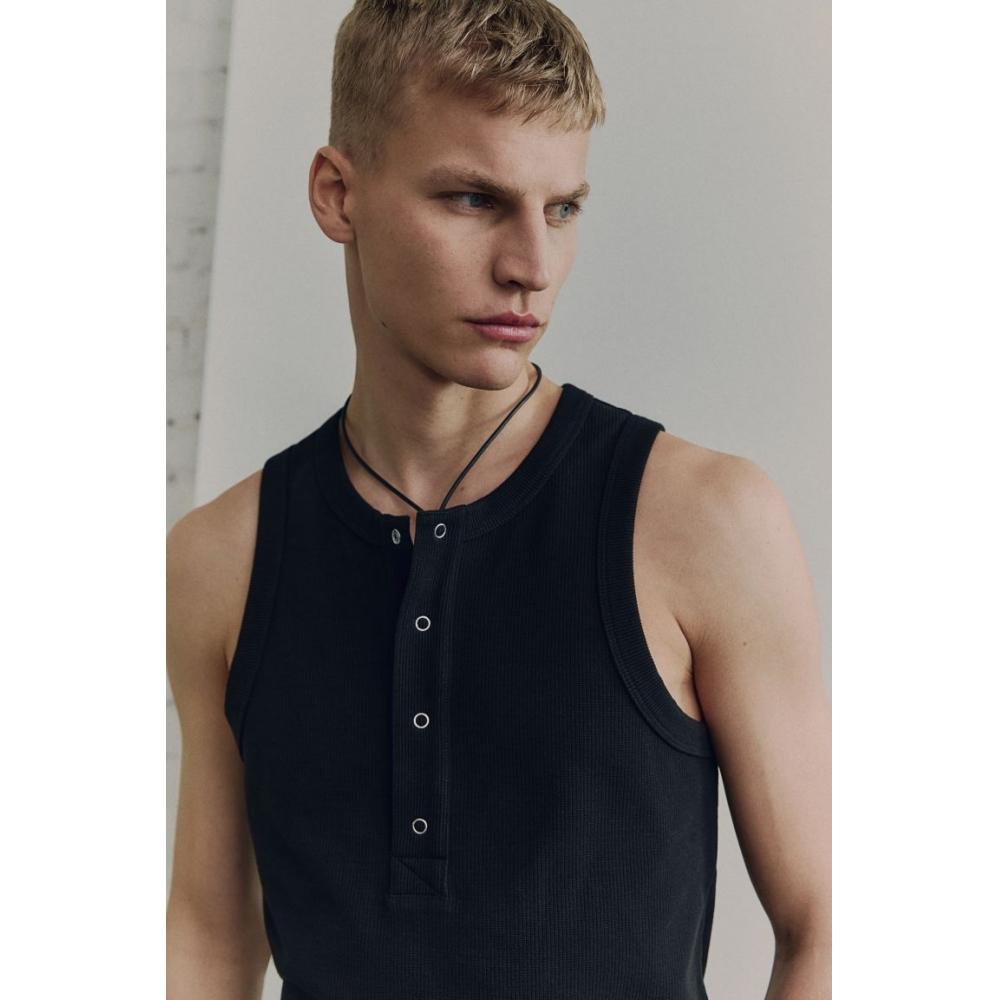 H M Ribbed Sleeveless Henley Top Black