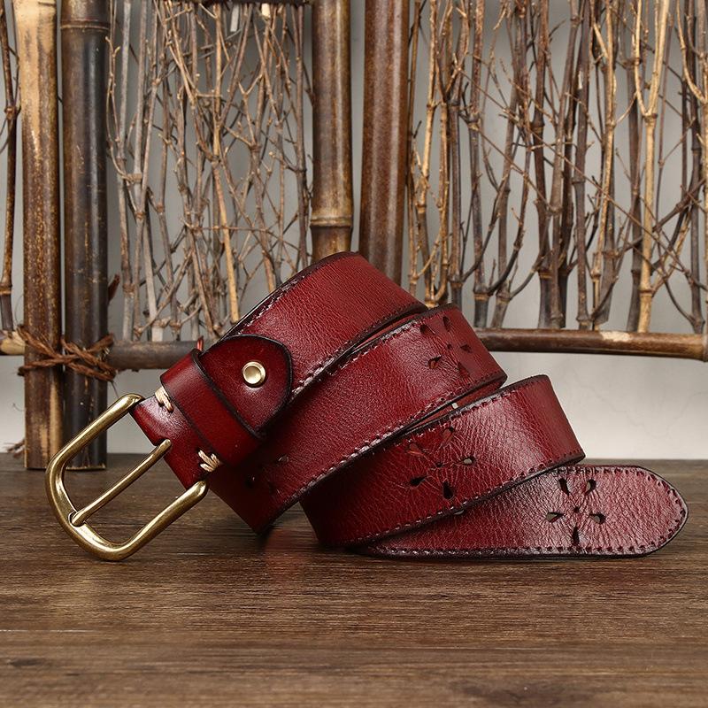 Belt Men's Retro Personalized Trendy Hollow First Layer Cowhide Leather Pin Buckle Casual Denim Belt Men's