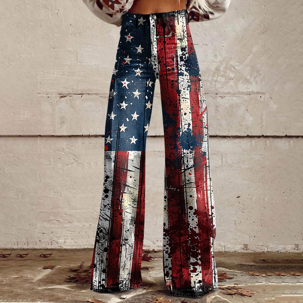 Wide Leg Flare Jeans For Women With Pockets Baggy Pants Vintage Floral Print High Waisted Loose Pant