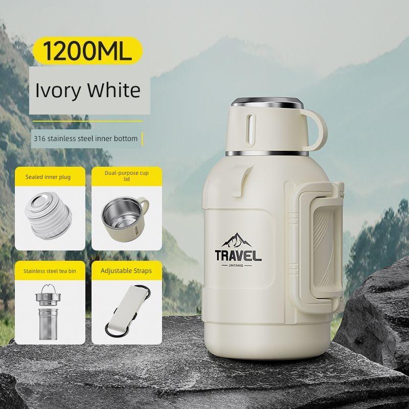 

Short and Chunky Style Thermos Flask, Large Capacity Thermos Cup, 316 Stainless Steel Tea Brewing Cup, 2L-3L Fishing Thermos White1200Ml (about 1.0kg Water)(Strap + Tea Bin)