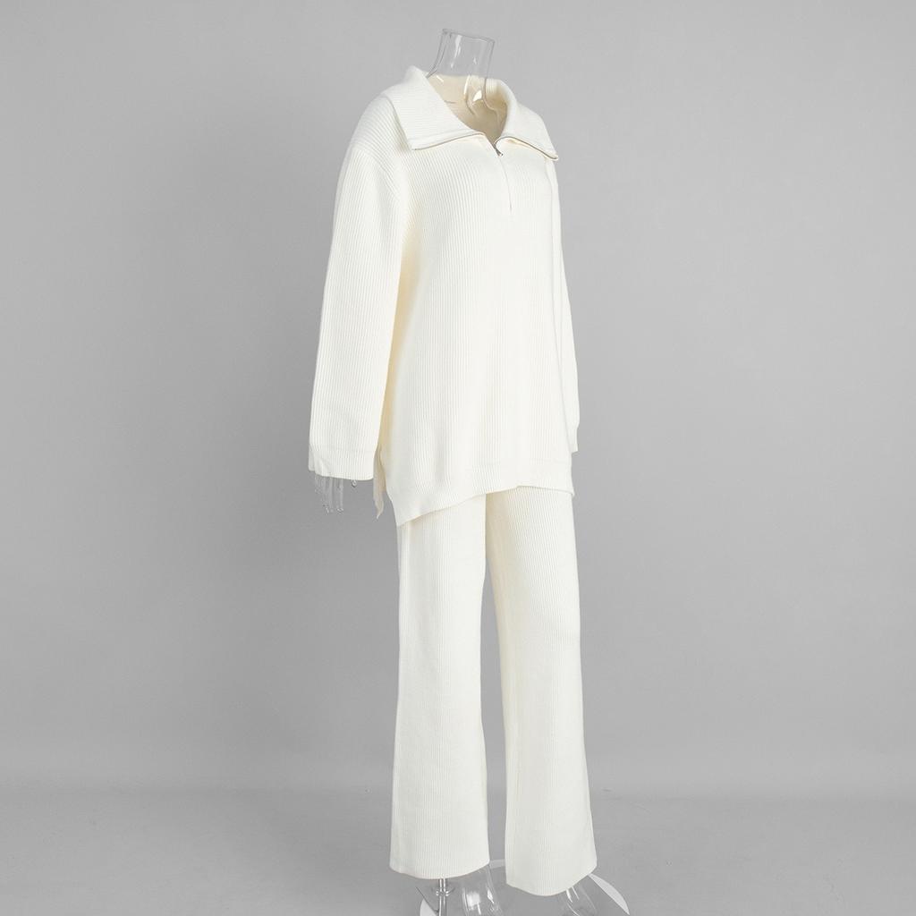 2025 Herbst Winter Neues Damen Strickpullover Set mit Halbreißverschlusskragen Langarm Weitbein Hose Outfit für Europa und Amerika