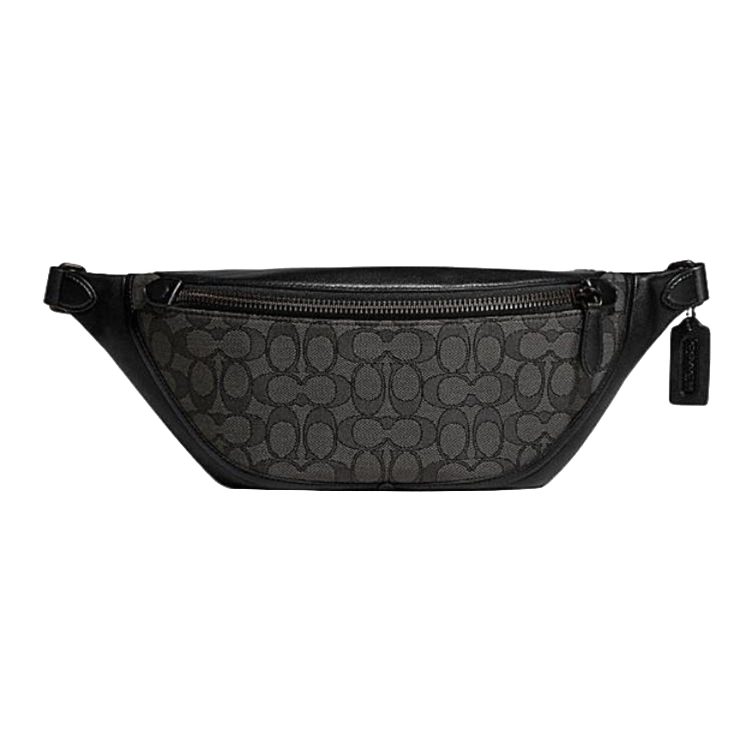 

Coach Black Signature Canvas Leather Trim Large Belt Bag Fanny Pack for Daily Use Basic Set (Bag+Dust Bag)