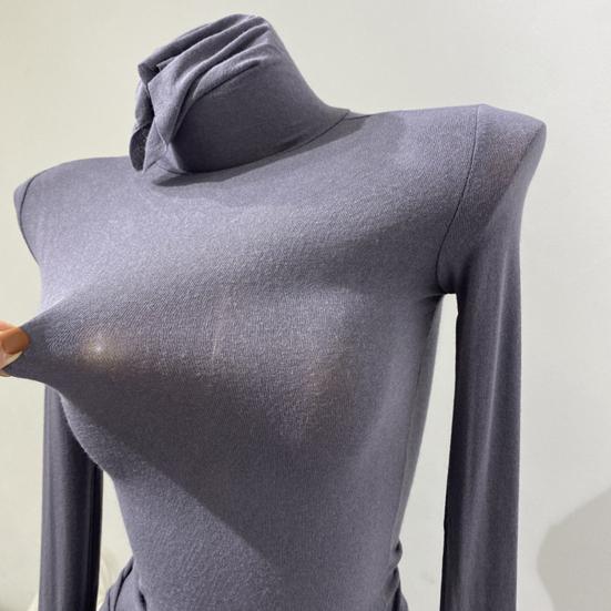 Women Tops High Collar Long Sleeve Slim Base Shirt Solid Color Elastic Shirt Autumn Winter Base Tops