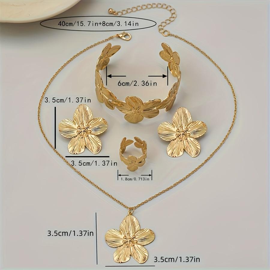 5pcs Elegant Golden-Tone Floral Jewelry Set - Vintage Style, Includes Necklace, Bracelet, Ring,and Earrings Ideal for Daily Wear