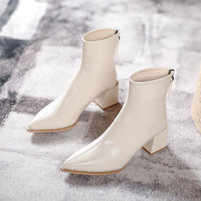 Short Boots Women's Thin High Heels New Women's Boots Medium Tube Pointed Fashion Boots Thick Heel Single Boots