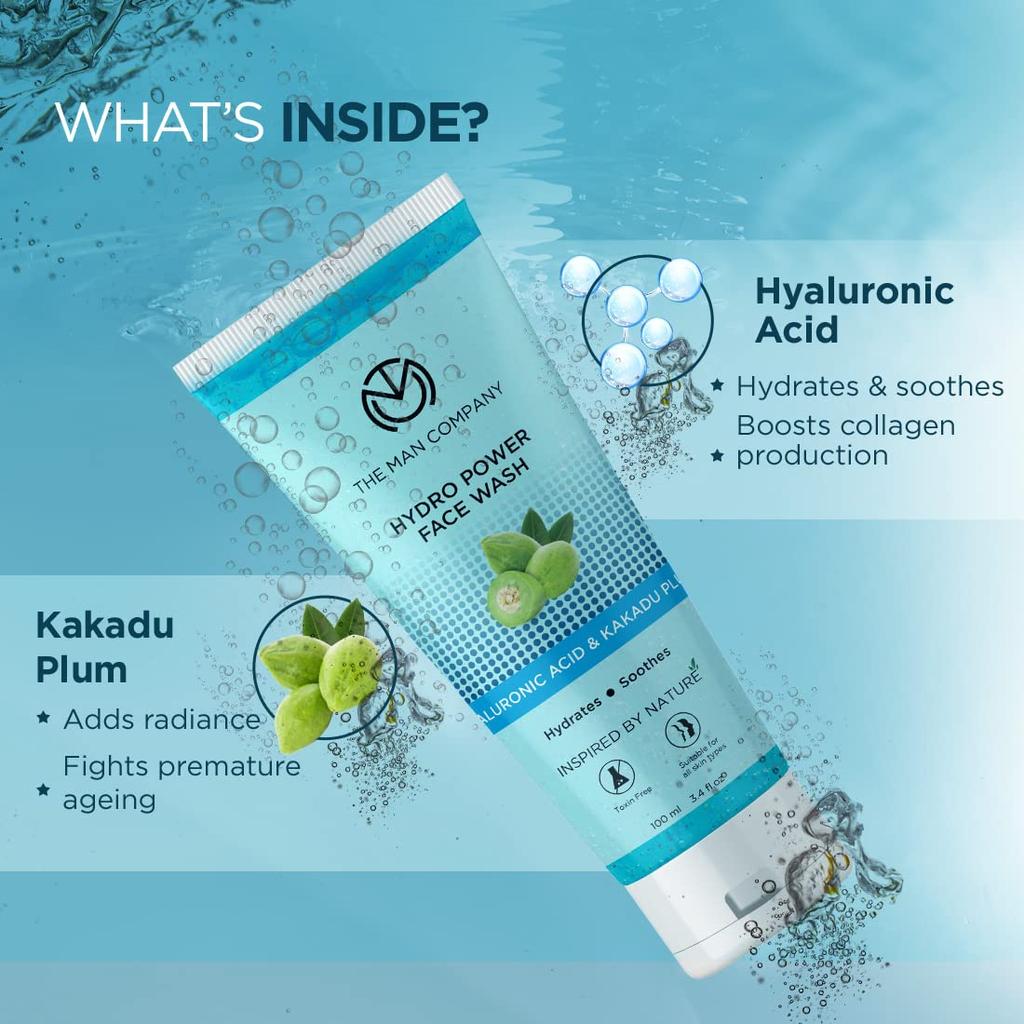 The Man Company Hydro Power Face Wash with Hyaluronic Acid and Kakadu Plum, Soothes and Hydrates Skin, Unclog Pores, Balances Oil, Toxin-Free, 100ml