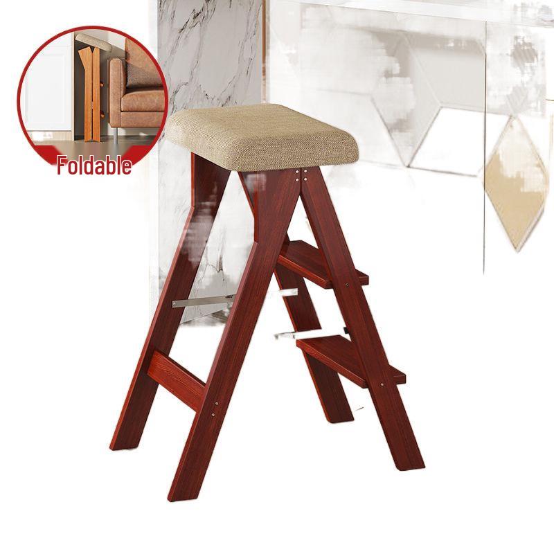 Three-Step Solid Wood Folding Ladder Stool: Multifunctional for Kitchen and Bar Use