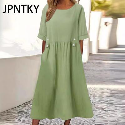 JPNTKY Dames Losse Midi Jurk Dubbele Zakken Knopen Decoratie Ronde Hals Korte Mouwen Zomer Boho Werkkleding Jurk