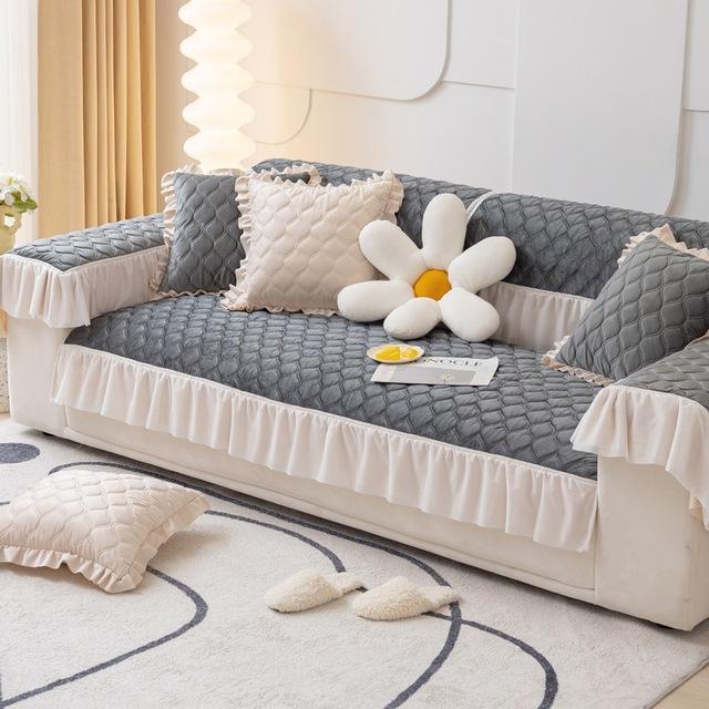 

Стеганый чехол на юбку с рюшами для дивана, бархатный нескользящий угловой чехол для дивана, кресло, полотенце, защита для мебели Pillowcase45x45cm темно-серого
