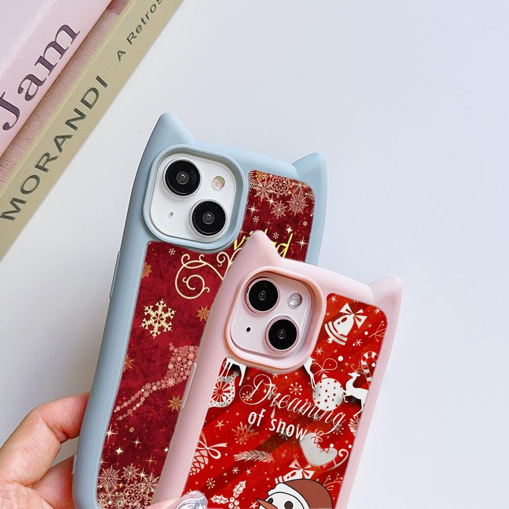 Cat Ear Soft Phone Case for iPhone 16 15 14 13 12 11 Pro Max Plus XR X TPU Anti-Drop Transparent Acrylic Back Cover NY28 Christmas tree Santa Claus