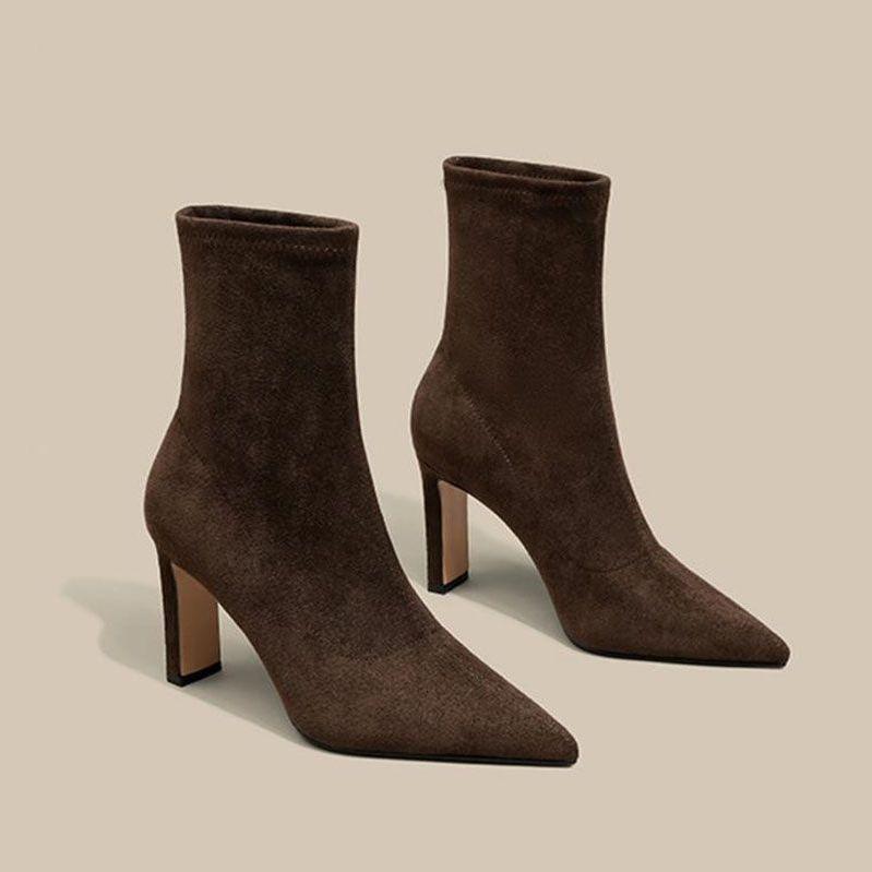 Suede boots women's autumn and winter pointed head high heel thin boots short boots women's 2025 new nude elastic foreign style super versatile