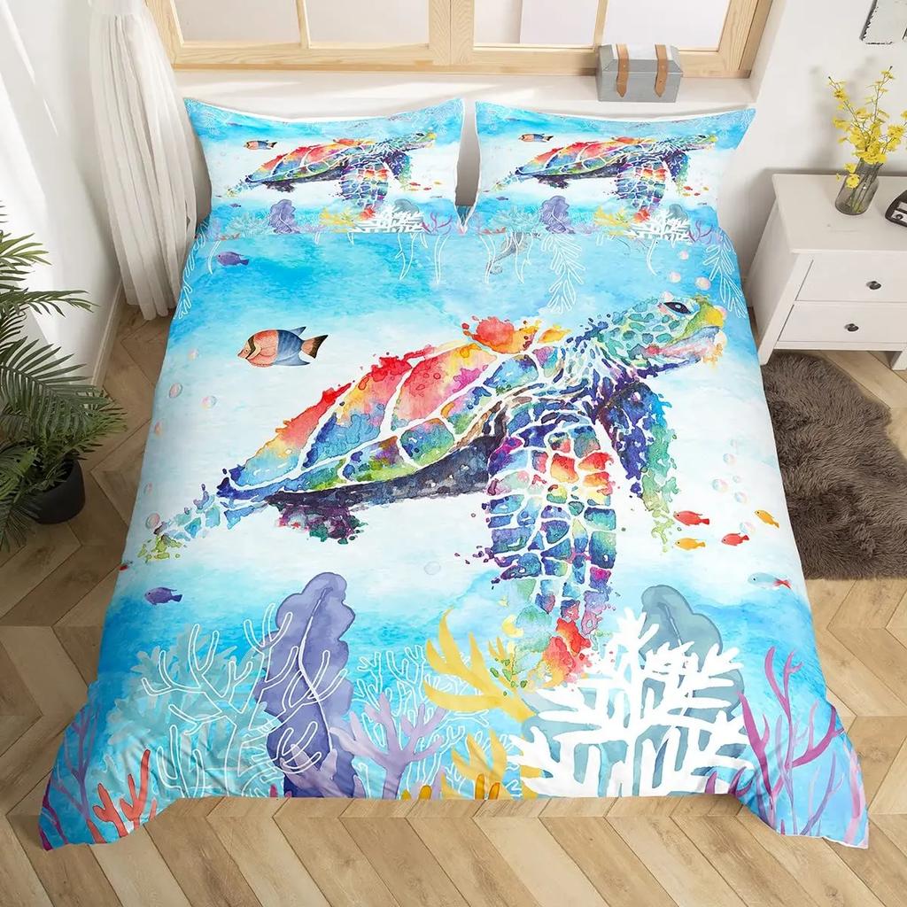 Turtle Bedding Set Nautical Coastal Duvet Cover White Blue Sea Comforter Cover Reptile Tortoise Animal Polyester Quilt Cover