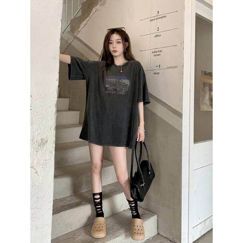 American retro front shoulder short-sleeved T-shirt women's spring new printed washed old loose medium and long top