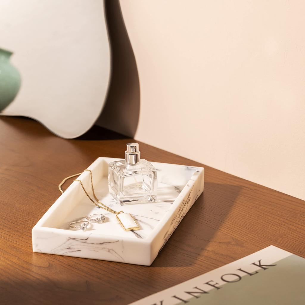 Navaris Accessory Tray, Jewelry Tray, Small Item Storage Tray - Holds Glasses, Accessories, Water-Resistant, 23.5x12.5x2.6cm - Polyresin Marble, Squar