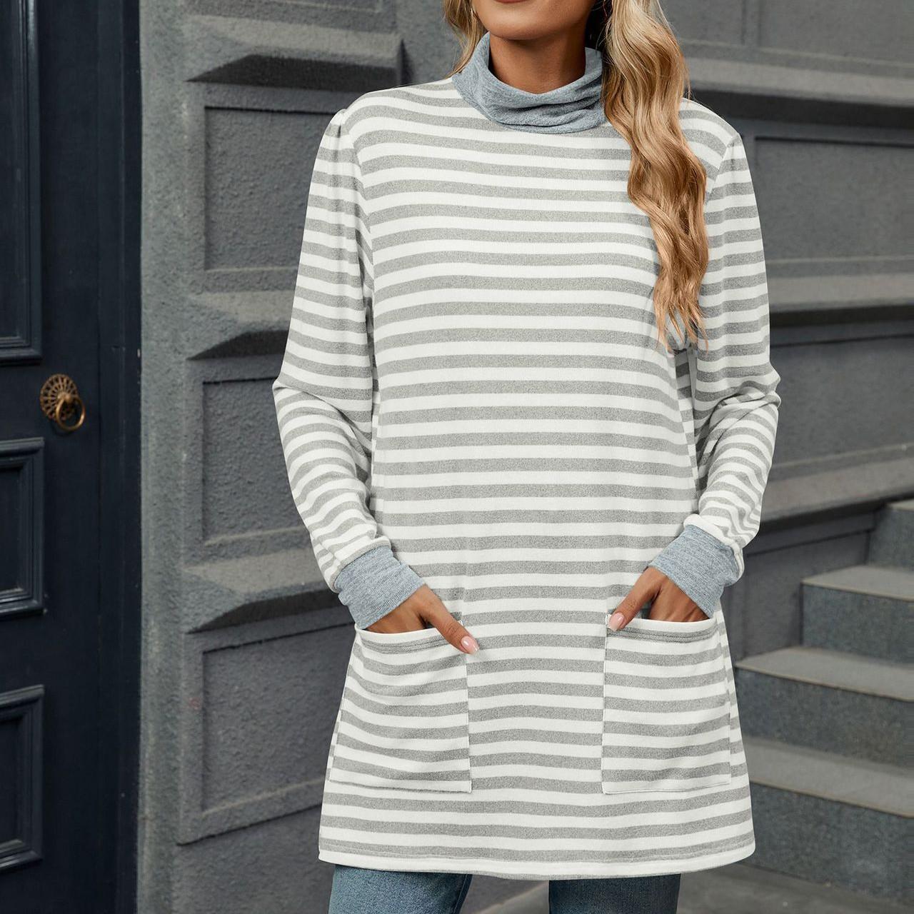 

Женская модная повседневная полосатая трикотажная футболка с круглым вырезом и длинным рукавом XL белый