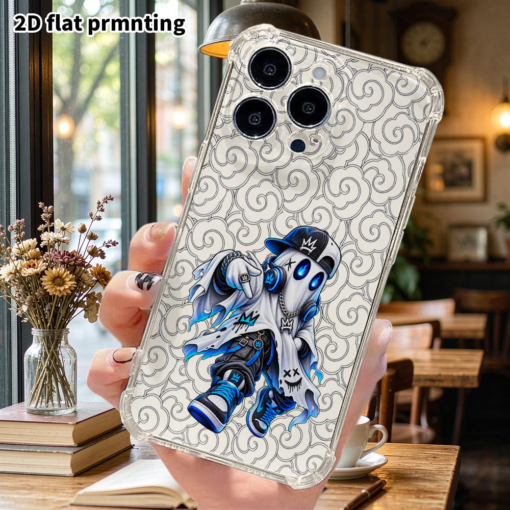 Phone Case: 2D Flat, Fits iPhone 18 17 16 15 14 13 Pro, Transparent Corner Protection Case, Hip Hop Ghost, Christmas and Halloween Gifts