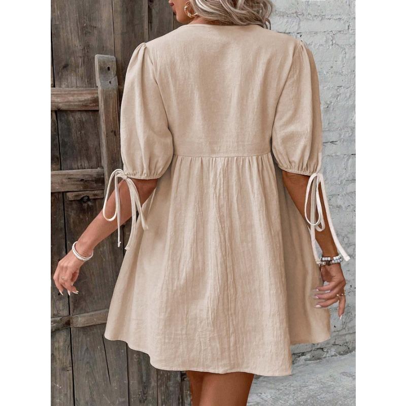 Women Elegant Loose Deep V Neck Lace Up A Line Woven Midi Dress