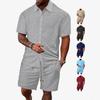 Men's summer new casual button solid color cross-grain towel jacquard cloth short-sleeved shorts set