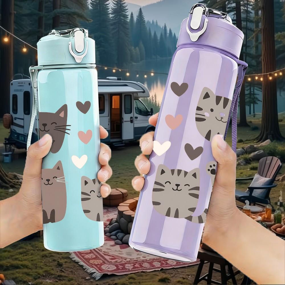 1PC Grey Cat Heart Patchwork Pattern 750ml Color Plastic Sports Water Bottle Leakproof Flip Straw Lid Suitable for Sports Office Home Use