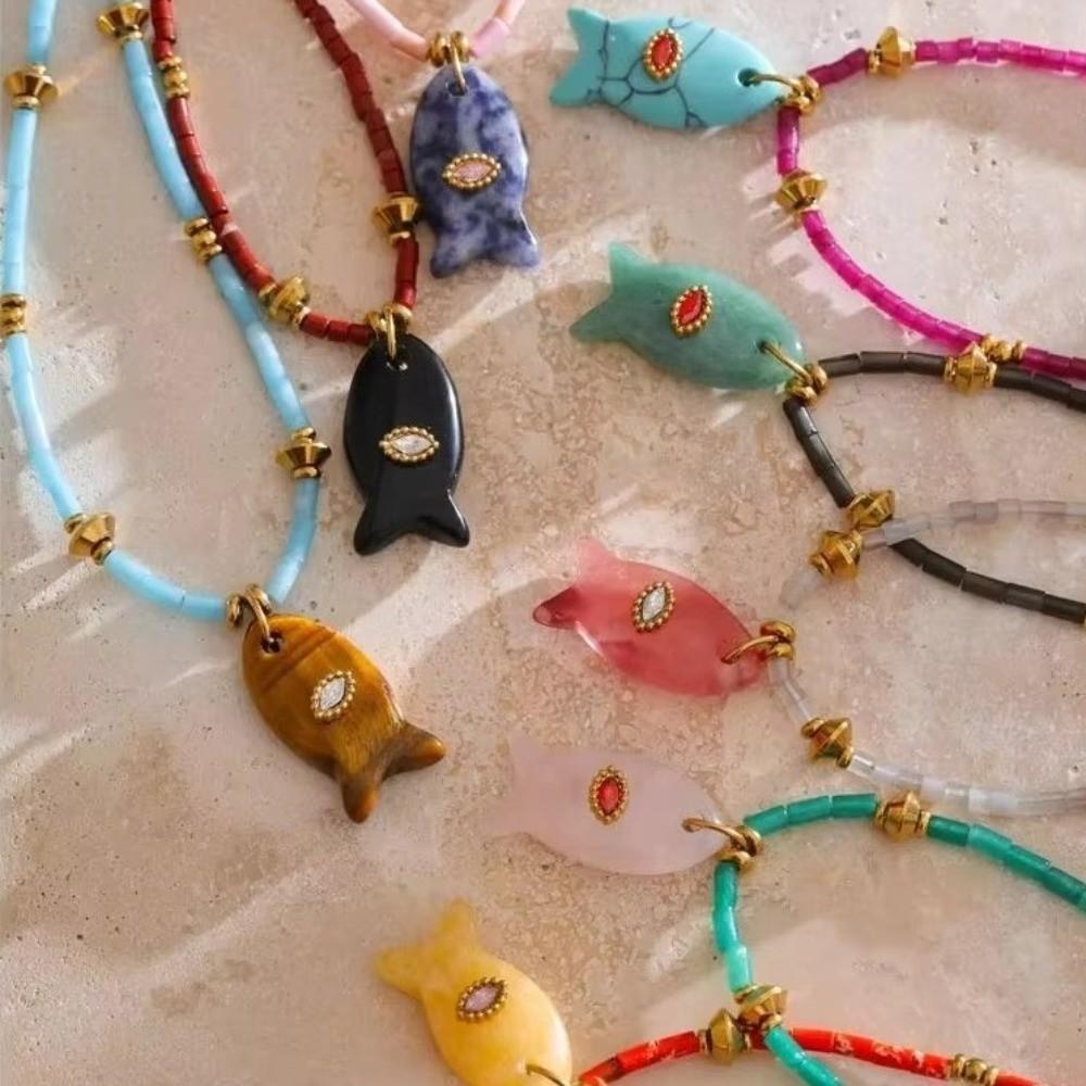 Cylinder Stone Bead Fish Pendant Necklace Colorful Choker Necklace Ocean Style Necklace  Summer