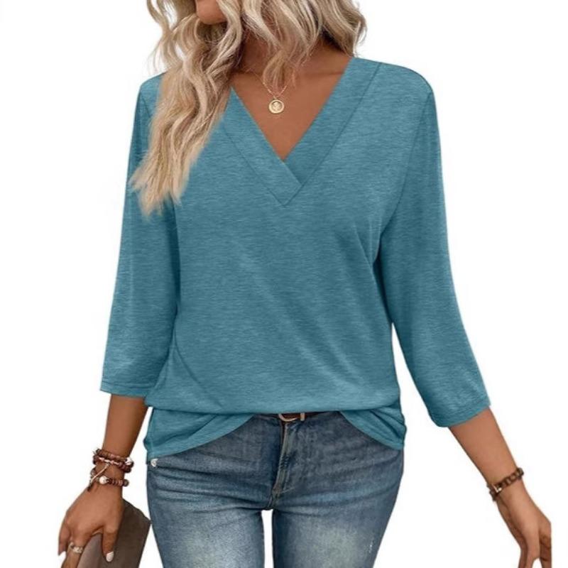 Damen V-Ausschnitt 7-Zoll Ärmel Oberteil für Frühling Lässige Damenbekleidung Taillenknoten Strick-T-Shirt